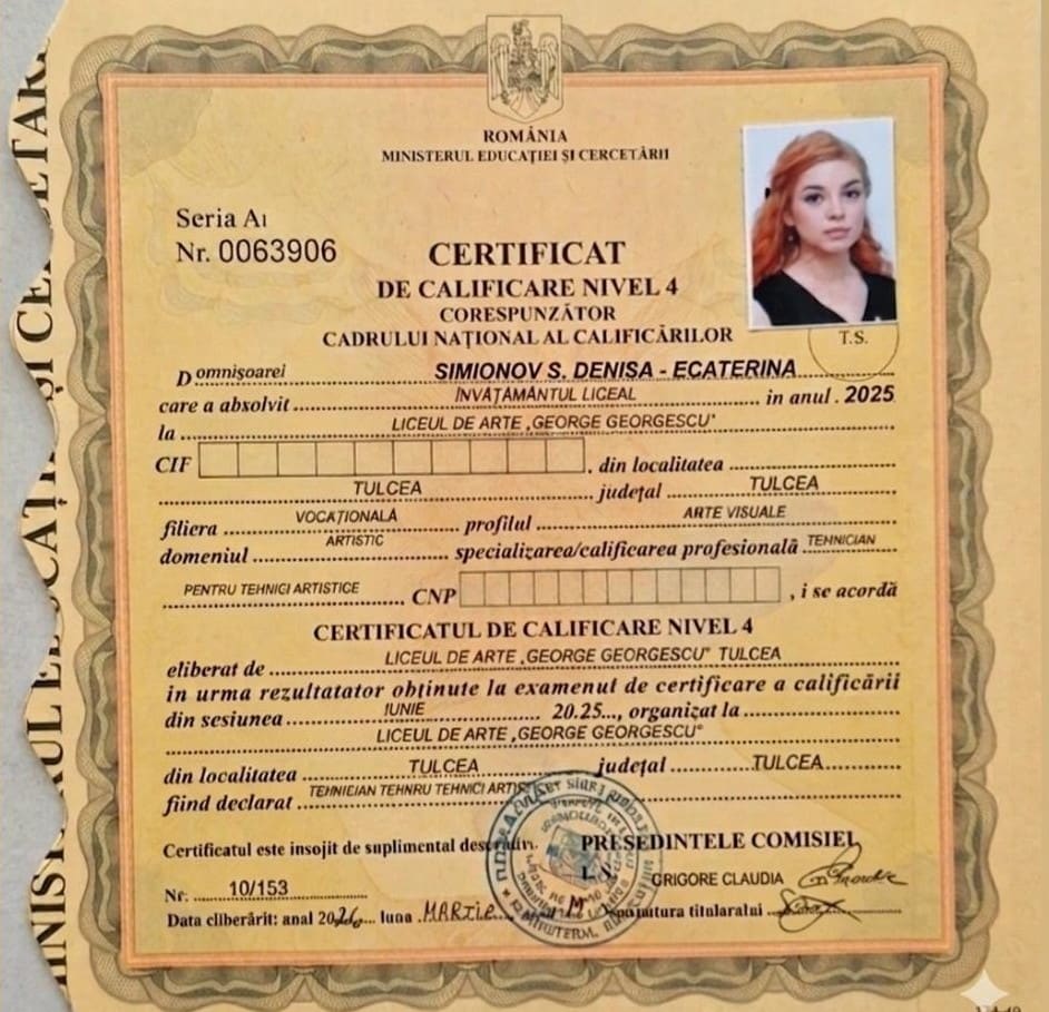 Certificat de Calificare Nivel 4 — Arte Vizuale, Denisa Simionov